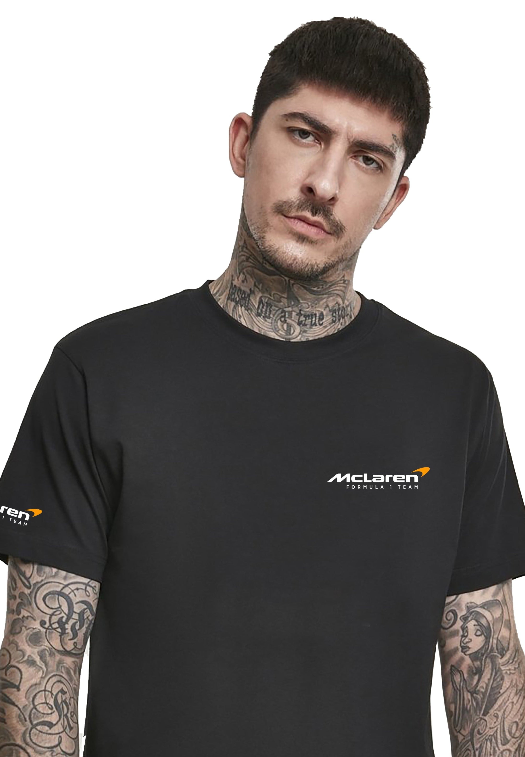 Tattoo white man wearing McLaren Formula One Team Black T-Shirt