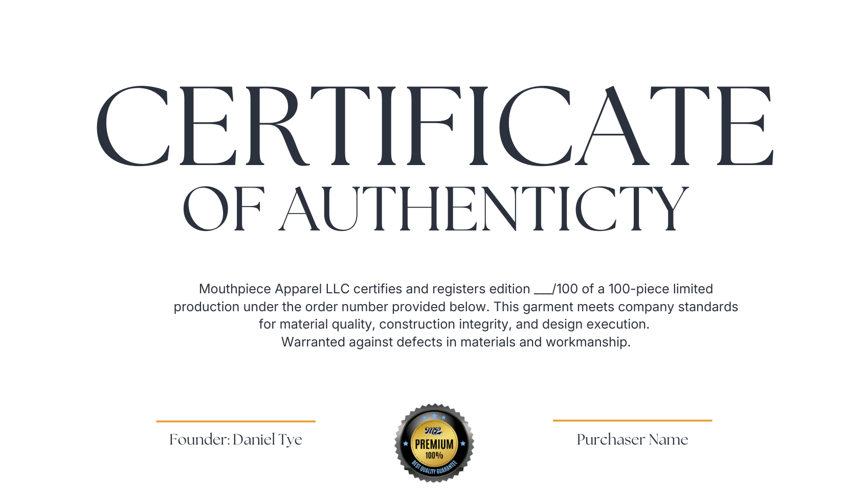 Certificate of Authenticity with gold border and text